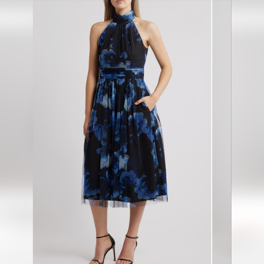 Eliza J Black and Blue Floral Midi Dress